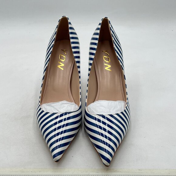 YDN Blue Stripe Chic Pointed Closed Toe Mid Heel Pumps Slip on Dress Shoe - Picture 3 of 8